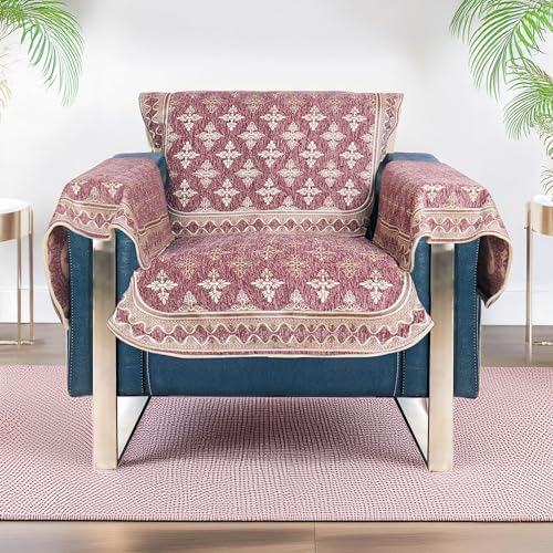 Image of Premium Chenille Woven Anti-Slip 1 Seater Sofa Cover with Arm Rest | L-Shape Sofa Seat Protector for Living Room | Durable & Stylish Slipcover - Onion Pink - Floral