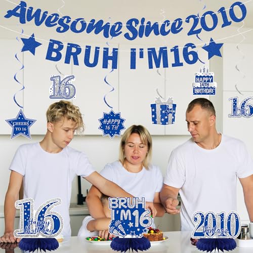 Image of Crenics Blue 2010 16th Birthday Decorations for Boys | Awesome Since 2010 Banner, Bruh I'm 16 Banner, Honeycomb Centerpieces and Hanging Swirls for 16 Years Old Party Supplies