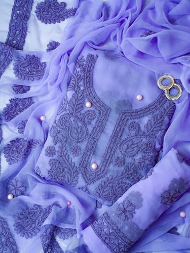 Image of Ada Hand Embroidered Lucknow Chikankari Unstitched Georgette Dress Material Suit Set for Women