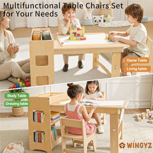 Image of WINGYZ 5 in 1 Kids Art Table and Chairs - Toddler Activity Table and 2 Chair Set with Storage Cabinet, Wooden Kids Craft Table, Art Desk Sensory Table with Paper Roll for Playroom Ages 2-12 Gift