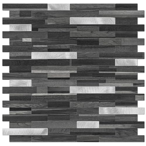 STICKGOO Peel and Stick Backsplash Tile, Stick on Backsplash for Kitchen and Bathroom, Black Grey Wood Look PVC Mixed Metal Silver Self Adhesive Wall Tiles(Sample) 1 Black Grey with Metal Si