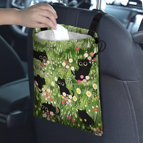 Image of Car Trash Bag Hanging Back of Seat Waterproof Small Cute Printed One-Handed Strap Drawstring Garbage Bags for Car-Black Cat Floral