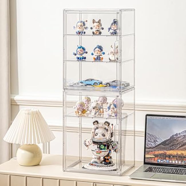 Large Clear Display Case for Collectibles Acrylic Storage Bin with 2 Removable Shelves and Magnetic Door Display Organizer Box for Anime Figures, Dolls, Car Models