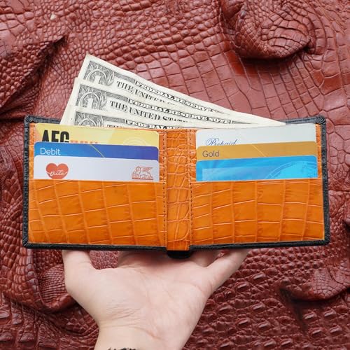 Image of HATA Men Leather Bifold Wallet RFID Blocking Front Pocket Exotic Billfold Handmade Gift For Birthday Wedding Anniversary Father's Day