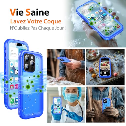 Coque IP68 étanche iPhone 14 Pro Cozycase intégrale antichoc bleue pour chantier - 3