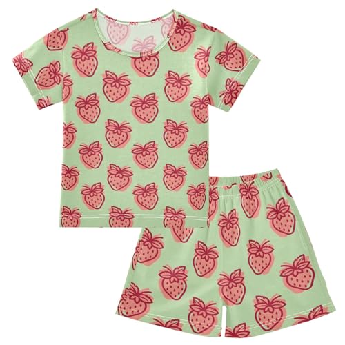 Strawberry Cute Red Cartoon Pattern Summer Cute Pajama Sets, Short Sets for Daily Wears and Sleep Wears