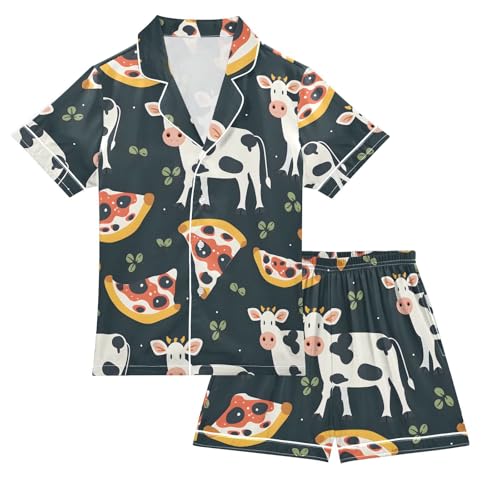 ALAZA Cow Pizza Cartoon Pajamas Satin Pajama Set Short Sleeve Button Down Sleepwear