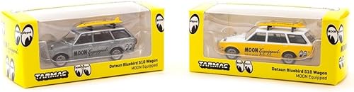 Miniatura 4 de Datsun Bluebird 510 Wagon Yellow & White Moon equipado con portaequipajes y tabla de surf Global64 Series 1/64 Modelo de auto fundido a presión por