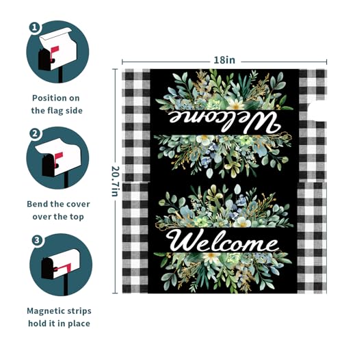 Image of Spring Summer Wreath Buffalo Plaid Mailbox Covers Magnetic Standard Size 21x18 in Welcome Green Wreath Mailbox Cover Leaves Mailbox Wraps Spring Farmhouse Letter Box Covers for Garden Outdoor Decor