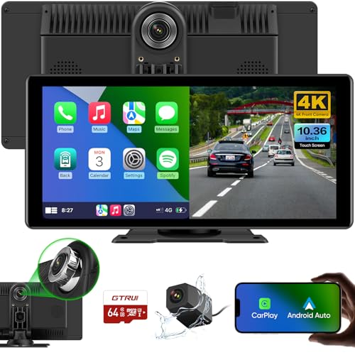 10.36' Wireless Apple CarPlay & Android Auto Car Stereo with 4K Dash Cam, 1080P Backup Camera, Portable GPS Navigation, Touch Screen Receiver, Mirror...