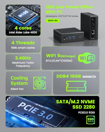 Image of Mini PC,N100 B4 Mini Desktop Computer,16GB DDR4 RAM,512GB PCIE 3.0 SSD,Dual Display,1 RJ45 1G LAN,USBx4,Type-C, Wi-Fi5,BT4.2,for School PC, Office PC, Home Theater
