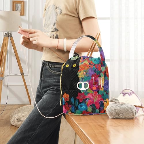Image of ElliTarr Crochet Bag Yarn Bag with Handle Portable Knitting Project Bag Travel Yarn Storage Organizer Holder Case Cats Rose Lily Flowers Colorful
