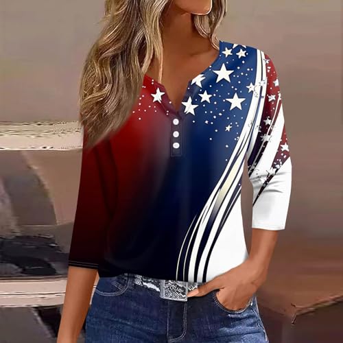 Image of 4th of July Shirts Women 3 /4 Length Sleeve Womens Tops Henley Neck Casual Patriotic T Shirts