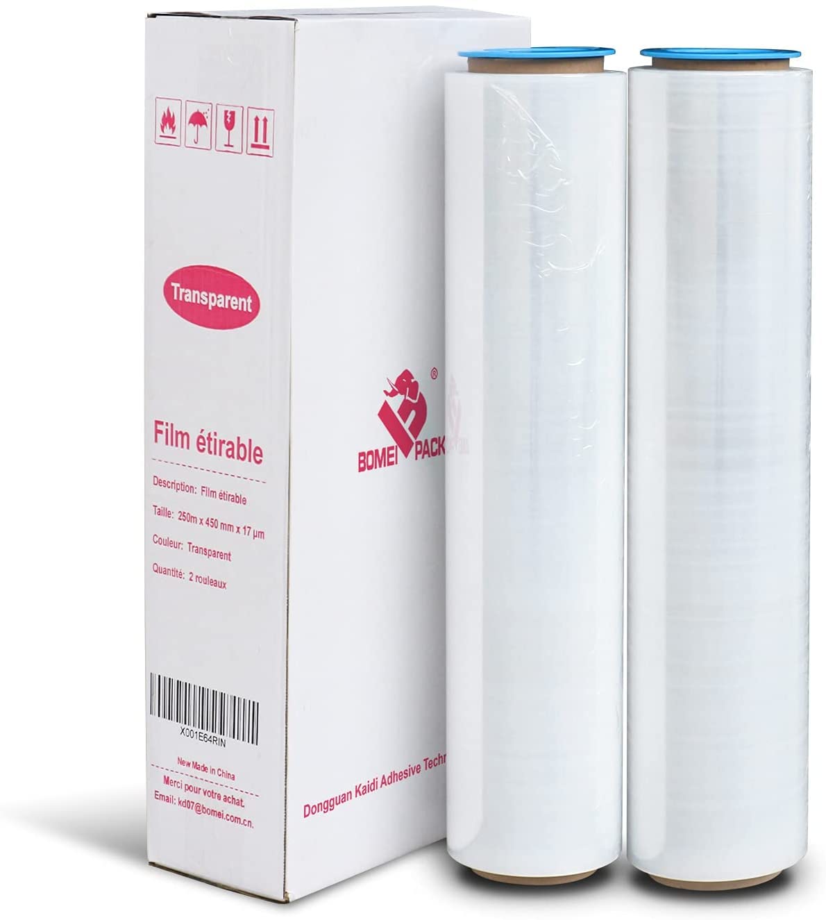 BOMEI PACK Folia stretch na palety z obrotową tuleją, folia do przewijania, 18 my x 500 mm x 300 m, folia do pakowania przezroczysta, 2 rolki