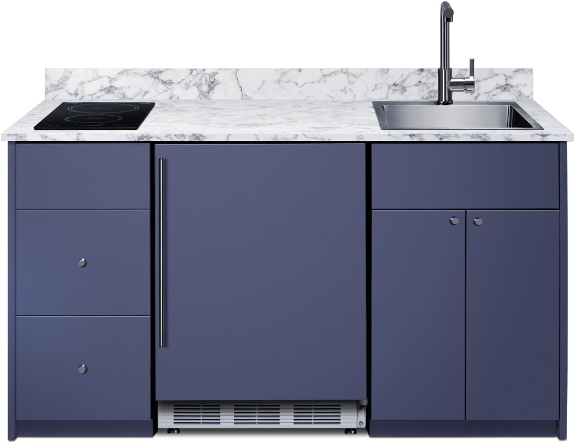 Summit All in One Kitchenette, with Induction Cooktop, Refrigerator Freezer, Sink, and Storage, Energy Star, ADA Compliant, Standalone Kitchen, Blue- CALDERAMN33I