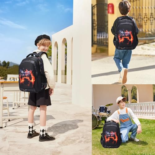 Boys Backpack for Elementary Game School Backpacks Waterproof Kids Bookbag with Lunch Box Luminous Game Print(Red Flame Game)2