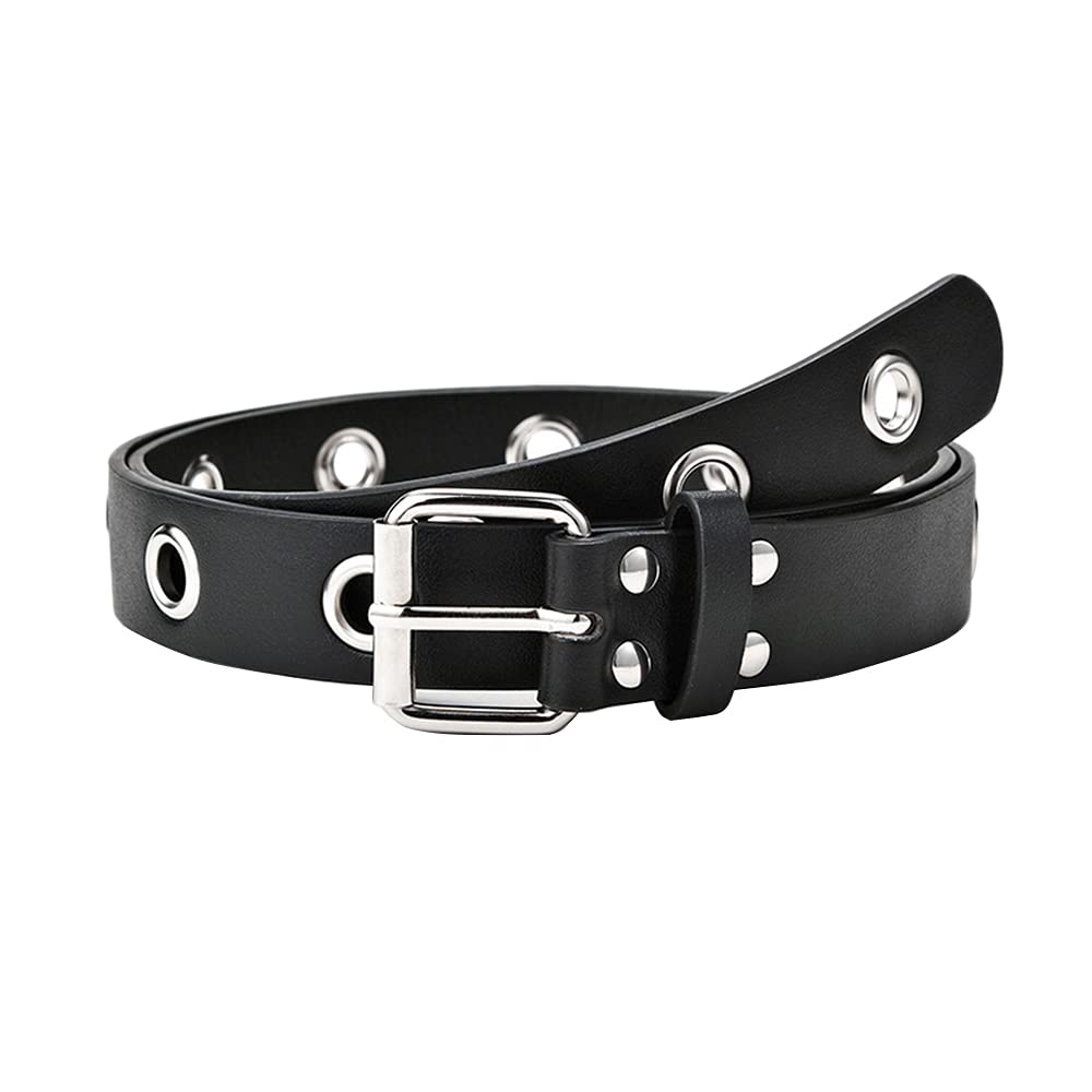 Junhouse Punk Pu Leather Belt Women Studded Eyelet Grommet Belt for Jeans Dresses Hollow Rivet Denim Belt Ladies Waist Belts with Pin Buckle (Black)
