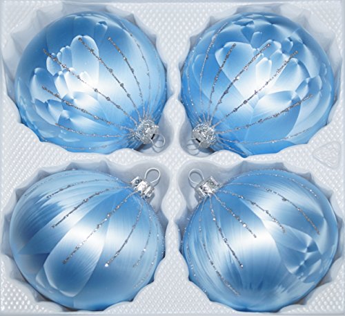 4 TLG. Glas-Weihnachtskugeln Set 12cm Ø in Ice Blau Silber Regen- Christbaumkugeln - Weihnachtsschmuck-Christbaumschmuck 12cm Durchmesser
