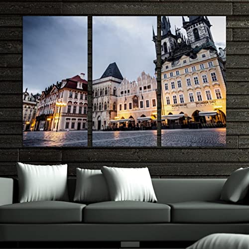 Wall Art Oil Painting Prague Square Canvas Prints For Home Decorations, 16"X32"X 3 Panels With Frame #TOP2