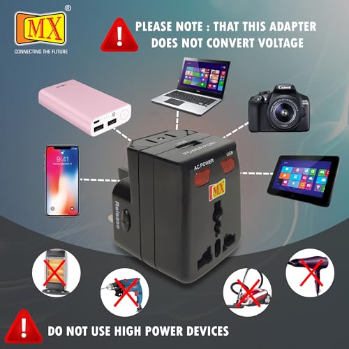 Image of MX Universal Travel Adapter with USB Port, International Power Plug with LED Indicator and Built-in Fuse, All in One Multi Country Adapter for US UK EU AU, Compact Travel Charging Solution
