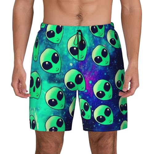 Green Aliens Print Men's Double Shorts Casual Lightweight Elastic Waist Drawstring Summer Beach Shorts