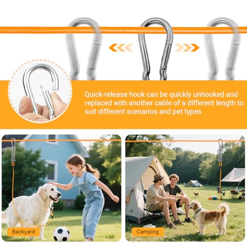 Heavy-Duty Dog Tie-Out Cable Runner System for Yard & Camping, 50/100/200ft with 10/15ft Pulley Line, Supports Dogs Up to 250lbs (Orange, 50FT) - Image 5