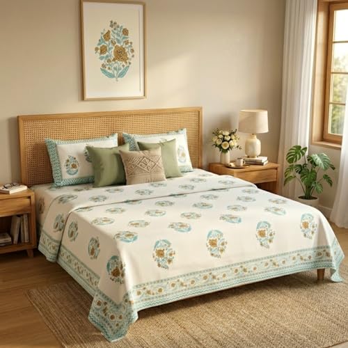 Image of Naksh Bedsheet Queen Size Bed Cotton | Royal Sajawat Turquoise Floral Bedsheet with 2 Pillow Covers | Pure Cotton Bedsheets for Queen Size Bed | Elegant Cotton Bedding Set for Double Bed