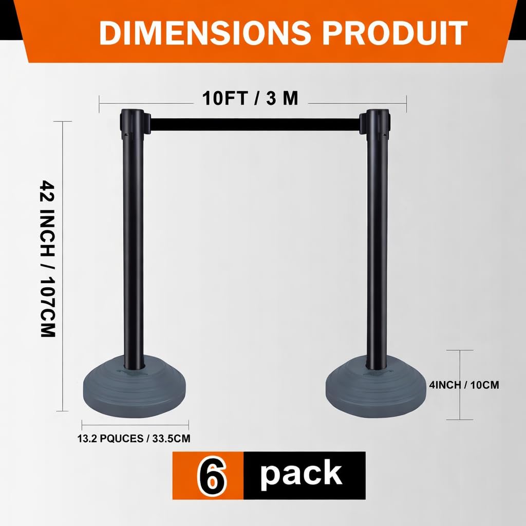 Set de 6 poteaux à Sangle rétractable, Poteau de barrière, Ceintures rétractables de 305 cm, Barrière de sécurité pour la Gestion de la Foule