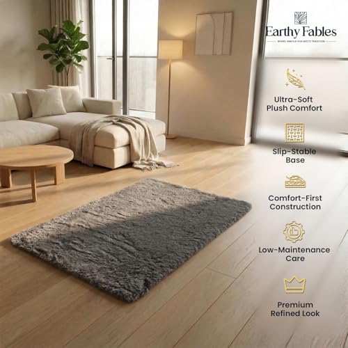 Image of Earthy Fables Plush Microfiber Bath Mat, Quick Dry, Anti-Skid, Water Absorbent, Non-Slip, Machine Washable Floor Rug, Shower Mat, Door Mat for Bathroom, Bedroom, 60 x 40 cm - Grey