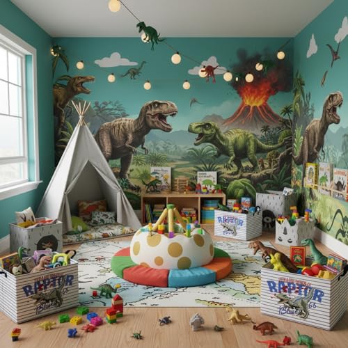 Image of Kid Dinosaur Storage Basket, Blue Striped Tyrannosaurus Rex | Rectangular, Collapsible, Room Decor, Nursery Gift Basket, Baby