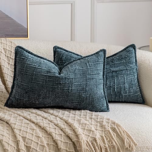 Image of MADIZZ Pack of 2 Chenille Throw Pillow Covers 12x20 Inch Grey Blue Soft Neutral Decorative Throw Pillows for Couch Sofa Boho Accent Cushion Covers Modern Farmhouse Home Decor for Bedroom Living Room