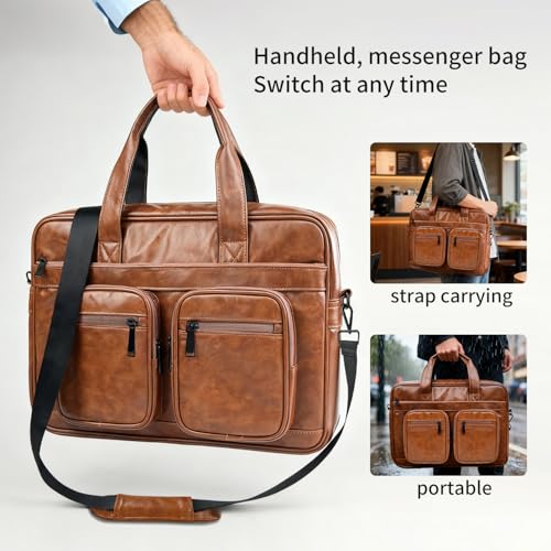Image of MOCA PU Leather Laptop Bag for Men & Women | Office Briefcase | Multi-Pocket Messenger Bag | Fits 15.6 Inch Laptop | Adjustable Shoulder Strap