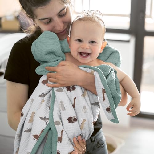 Image of lulumoon Muslin Baby Blanket Neutral: Cotton Toddler Blanket for Daycare | Soft Reversible Crib Bedding for Baby with Dinosaur - Lightweight for Stroller, Carseat & Travel, 47 inchx47 inch(Sage Dinosaur)