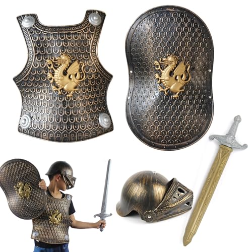 Obelunrp 4 Unids/set Disfraz de Caballero Armadura de Caballero de Plástico para Niños con Casco Espada y Escudo para Niños para Fiestas Temáticas VBS Disfraces Juegos de Rol, Decoraciones de Navidad