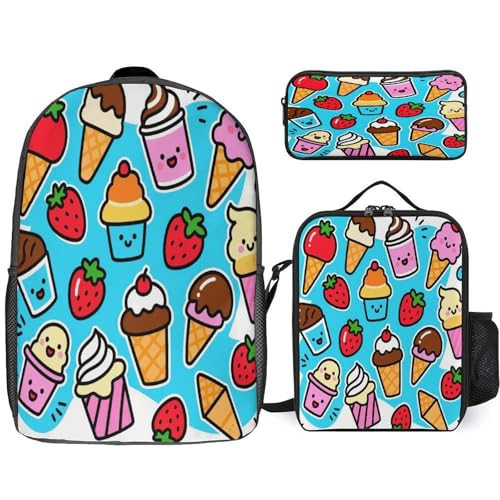Sweet Ice Cream 3pcs Lightweight Travel Backpack Printed Backpack With Lunch Pack Storage Box Case