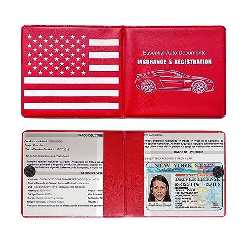 Ziciner Car Registration Insurance Holder, 2Pack Essential Auto Card Document Glove Box Organizer with Velcro Closure, Vehicle Interior Accessories Perfect for Most Car, Truck, SUV (Red/Back Flag)