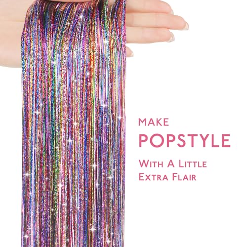 Image of WENNALIFE Hair Tinsel for Girls, Rainbow Fairy Kit 1200 Strands 6PCS 48 Inch Heat Resistant Glitter Tinsel Hair Extensions Kit Christmas Feathers Sparkle Strands