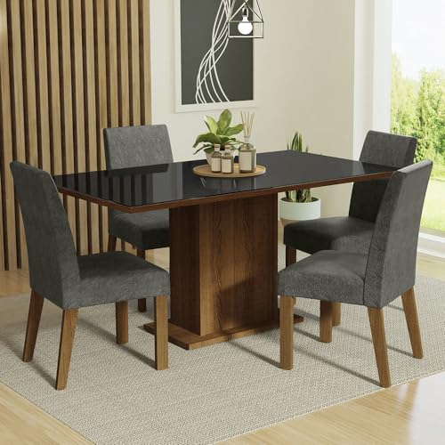 Image of Madesa Avril 4 Seater Dining Set, Rectangular Glass Overlay Table, 4 Cushioned Chairs, Engineered Wood, Black Gray, 160 cm