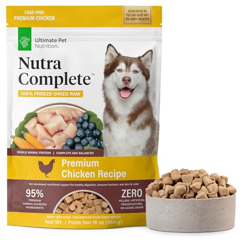 ULTIMATE PET NUTRITION Nutra Complete Freeze Dried Raw Dog Food, Veterinarian Formulated with Antioxidants, Prebiotics & Amino Acids (1 Pound, Chicken)