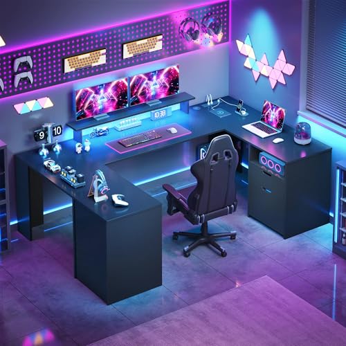 YITAHOME U Shaped Desk with Power Outlet & LED Lights, Computer Desk with Drawers, Wood Home Office