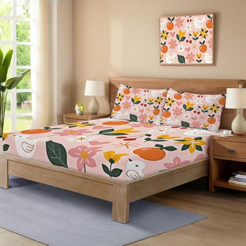 Drap housse 160x200 géométrie oiseaux fleurs grand bonnet 30cm rose - 4