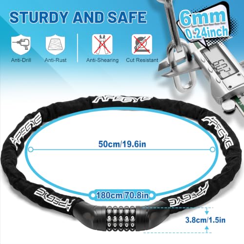 Image of APECYC Bike Lock, 3 /4 /5 /6FT Heavy Duty Anti Theft 5-Digit Combo Chain Lock | Resettable Combination Bicycle Lock, Keyless and Long Security Chain Lock for E-bike, Scooter, Bike Rack, Commuting & Outdoor