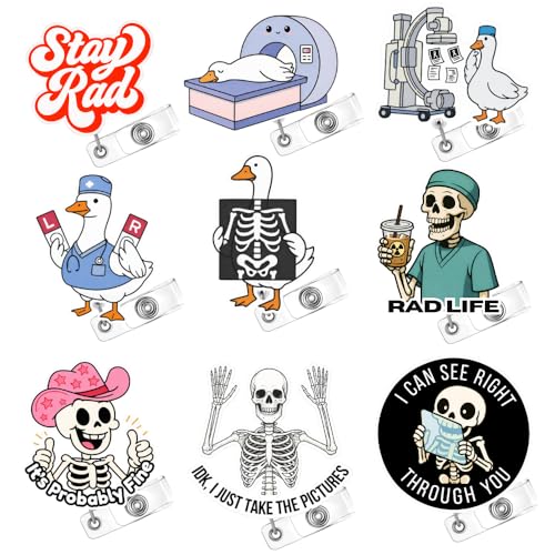9PC Radiology X-Ray Badge Reels Funny Skeleton Hilarious Goose Hospital Clinic ID Name Holder Accessories with Retractable Clip Gifts for Sonographer Pharmacy Tech Rad Tech Urology Healthcare Workers