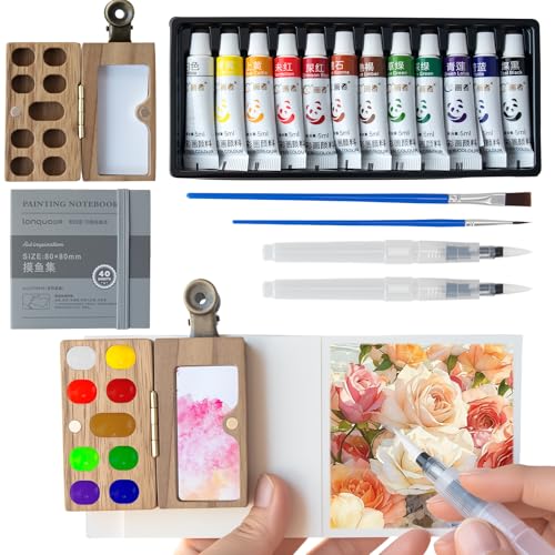 Watercolor Paint Set 12 Colors 8 Pieces Travel Mini Kit Wooden Palette Portable Art Supplies for Adults Beginners Sketching Painting Gift