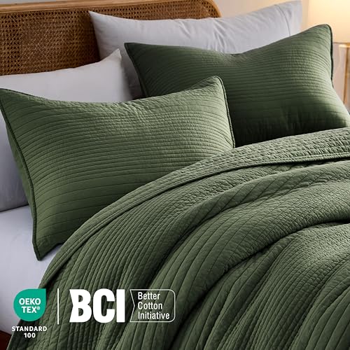 Image of palassio Striped Olive Green 100% Cotton Quilt California Cal King Size Bedding Sets, Oversized Lightweight Channel Pick Stitch Textured Bedspread Soft Farmhouse Coverlet for All Season, 2 Shams