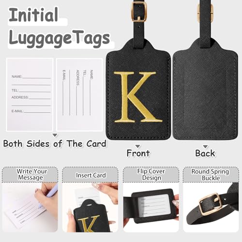 Image of Personalized Initial Luggage Tags for Suitcases, Cute PU Leather Embroidered Letter Travel Luggage Tags, Suitcase Identifier Name Baggage Tag, Bag Tags for Men Women Kids Luggage Handbags(Black K)