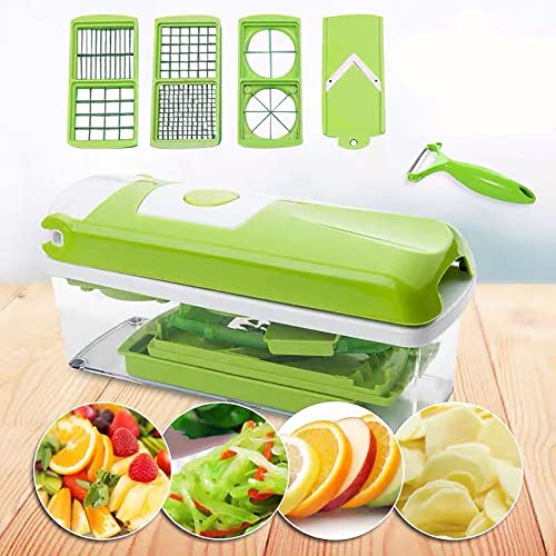 Multifunctional Vegetable Slicer - 12 in 1 Pro Food Chopper with Container - Green Slicer Dicer Cutter and Potato Peeler