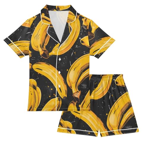 Satin Pajama Sets Short Sleeve Banana Pattern Print on Black Button Down Silky Nightwear 2 Piece PJS 5-14Y