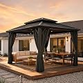 HOTEEL 10x12 Hardtop Gazebo On Clearance with Galvanized Steel Double Roof,Heavy Duty Gazebo with Flame-Retardant Curtain & Netting, Aluminum Frame Outdoor Canopy for Patio, Party, Black