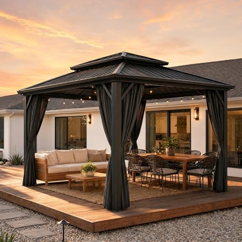 Image of HOTEEL 10x12 Hardtop Gazebo On Clearance with Galvanized Steel Double Roof,Heavy Duty Gazebo with Flame-Retardant Curtain & Netting, Aluminum Frame Outdoor Canopy for Patio, Party, Black